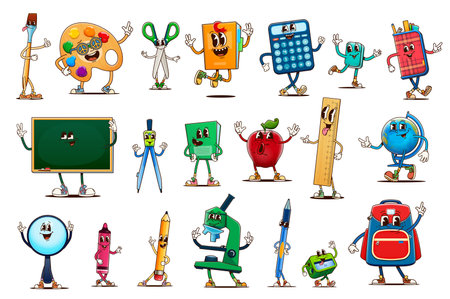 School stationery and education funny groovy characters, vector back to school retro personages. Cartoon pencil, book and pen, student bag, globe and ruler. Groovy scissors, paint and brush charactersのイラスト素材