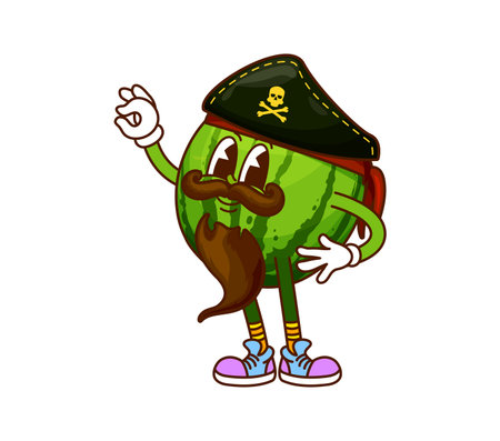 Cartoon groovy watermelon pirate and corsair fruit character wears a mustache and cocked hat adorned with a skull symbol, showcasing funky and adventurous y2k vibe. Isolated vector quirky fruit roverのイラスト素材