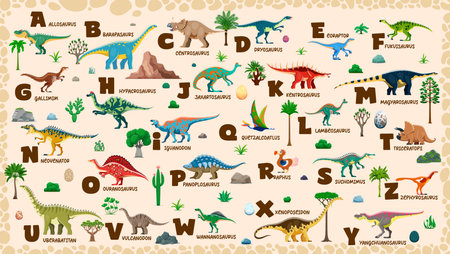 Kids dinosaurs alphabet, prehistoric lizards type and Jurassic era reptiles letters, vector English typeface. Font with cartoon dinosaur species, dino eggs and prehistoric reptiles for kids typographyのイラスト素材