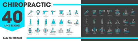 Chiropractic medicine line icons of chiropractor therapy and body massage, vector pictograms. Chiropractic medical icons of spine electrical muscle stimulation and massage gun for posture diagnosisのイラスト素材