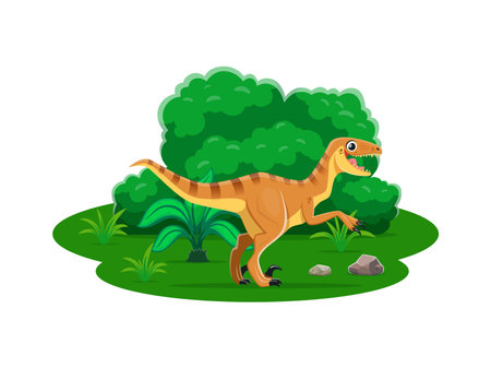 Cartoon dinosaur Velociraptor or prehistoric lizard in Jurassic park forest, vector dino character. Prehistoric funny dinosaur lizard of Velociraptor species for kids dino world or paleontology atlasのイラスト素材