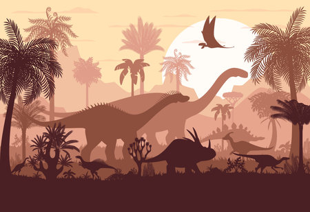 Tropical jungle forest with prehistoric dinosaur silhouettes, vector background. Jurassic era dinosaurs, lizards and prehistoric reptiles or pterodactyl silhouettes in tropical jungle with sunsetのイラスト素材