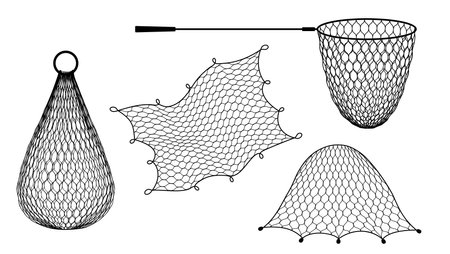 Isolated fishing net, trap and trawl or fish tank and seine, vector fisherman equipment. Fishery gillnet or gill and fish trap, bottom net seine or trammel fishnet with hoop net and fish cage catcherのイラスト素材