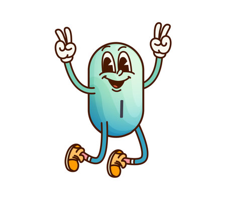 Cartoon groovy iodine vitamin and micronutrient character. Isolated vector I molecule jumping with playful and upbeat vibes. Teal colored energetic nutrient pill making peace signs with both handsのイラスト素材