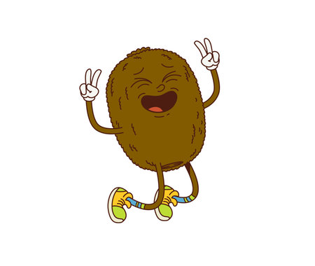 Cartoon kiwi fruit cheerful groovy character. Fresh exotic fruit retro cartoon happy character. Sweet natural kiwi vintage isolated vector cheerful mascot or ripe tropical food groovy funny personageのイラスト素材
