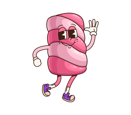 Retro groovy candy marshmallow character. Isolated cartoon vector sweet marshmallow retro personage with cheerful expression, waving hello. Cute pink and white striped pastry conveys playful y2k vibeのイラスト素材