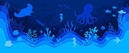 Paper cut underwater landscape with vector blue silhouettes of sea animals, fish and sunken ship. Ocean coral reef underwater landscape with 3d wavy paper cut borders, octopus, squid and seahorseのイラスト素材