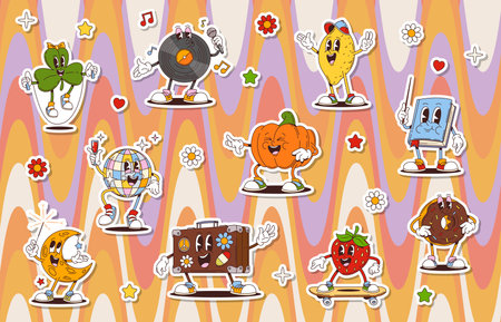 Cartoon groovy characters stickers pack. Retro hippie disco ball, vinyl record and moon vector characters with stars and flowers. Groovy strawberry, Halloween pumpkin and St Patricks clover leafのイラスト素材
