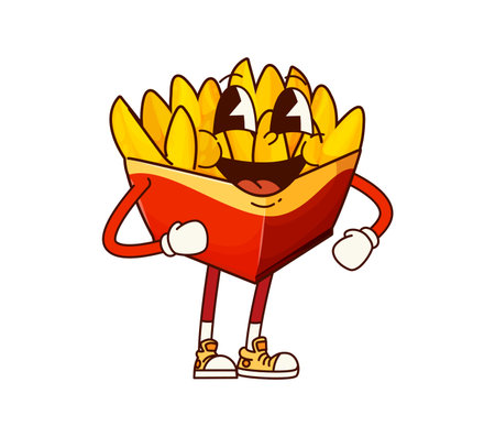 Fast food groovy fried potato cheerful character. Takeaway restaurant french fries 60s 70s cartoon character, cute funky isolated vector personage. Fast food cafe snack or meal funny groovy mascotのイラスト素材