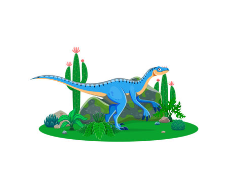 Eoraptor prehistoric dinosaur cartoon character. Isolated vector omnivore ancient reptile dino animal in natural environment with cacti plants and rocks. Late Triassic era lizard, paleontology scienceのイラスト素材