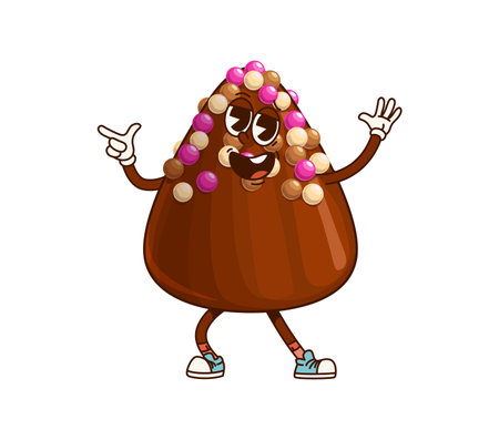 Groovy chocolate truffle candy character with cheerful and sweet expression, adorned with colorful sprinkles, wearing hippie sneakers and flashing finger gun sign with hand, exudes funky retro vibesのイラスト素材