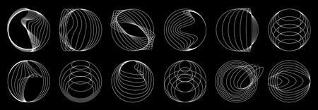 Line round spiral shapes, circle geometric waves and swirls. Vector abstract graphic elements of modern dynamic geometric shapes. White line circles of futuristic circular pattern with twisted stripesのイラスト素材