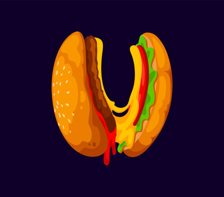 Fast food hamburger meal cartoon English alphabet font letter U. Fast food menu meal cartoon font typeface letter or ABC alphabet symbol. Street cafe appetizer English font typeset vector elementのイラスト素材