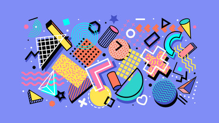 Abstract Memphis shapes background, 80s 90s hipster pattern with geometric colorful shapes and modern elements. Vector trendy ornament with surreal figures, linear details, dots, triangles and wavesのイラスト素材