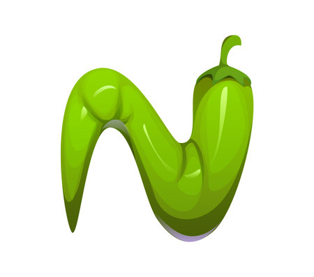 Cartoon Mexican font jalapeno pepper letter N. Hispanic culture festival ABC alphabet element Cinco de Mayo fiesta hot chilli pepper vector English typeset symbol or Mexican font letterのイラスト素材