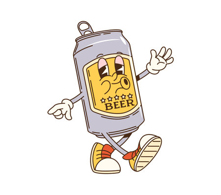 Cartoon groovy alcohol beer can character happily walking to party with playful hippie vibe. Isolated vector y2k tin can with beverage embodies fun and enjoyment, ready for celebration of funky eventsのイラスト素材