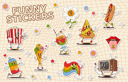 Cartoon groovy characters stickers pack. Vector set of retro fast food personages like pop corn, cola can, ice cream and cocktail. Pizza slice, hotdog, rainbow or tv set and mouth with sticking tongueのイラスト素材