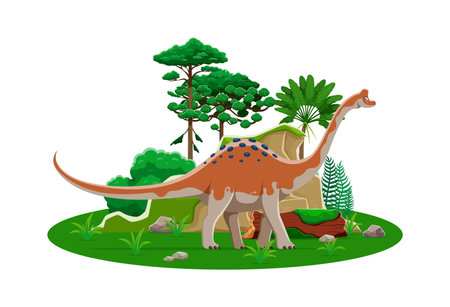 Pelorosaurus prehistoric dinosaur cartoon character. Isolated vector large herbivore ancient reptile dino animal in natural environment with green plants. Early Cretaceous paleontology era lizardのイラスト素材