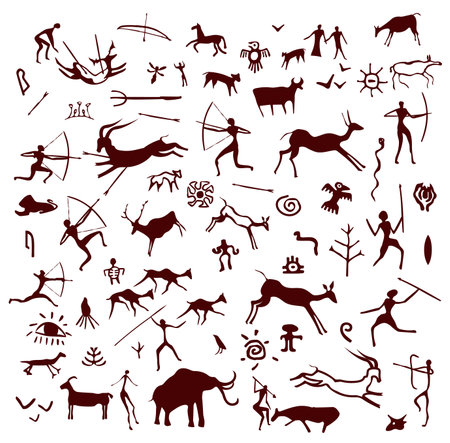 Stone cave painting, ancient prehistoric drawing. Primitive caveman sketches, symbols of hunters, animals, plants and ornaments on rock wall. Vector petroglyph prehistoric illustrations or artworksのイラスト素材