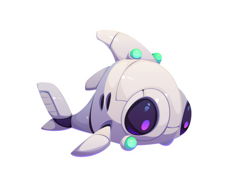 Cartoon underwater robot mascot, drone or bathyscaphe submarine. Isolated vector futuristic nautical robotic boat shark with large porthole eyes, sci fi technology, vessel for marine depth explorationのイラスト素材