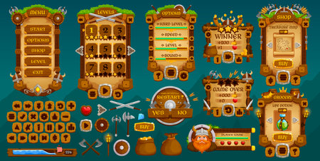 Medieval Vikings game interface. Vintage martial game buttons, gui elements game asset featuring wooden menus and interactive icons, incorporate swords, shields, axes and treasure for adventure or rpgのイラスト素材