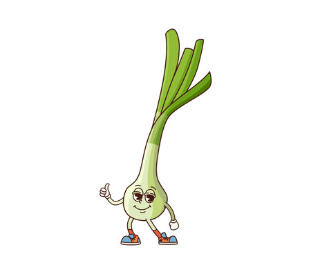 Groovy onion vegetable character. Isolated cartoon vector playful leek or shallot veg personage with cheerful expression wearing sneakers and flashing thumb up gesture, exudes fun healthy eating vibesのイラスト素材