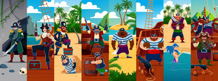 Cartoon pirate and corsair characters collage with vector captain, sailor and mermaid on ship and treasure island. Cute men and women characters with pirate costumes, hats, swords, hooks and wood legのイラスト素材