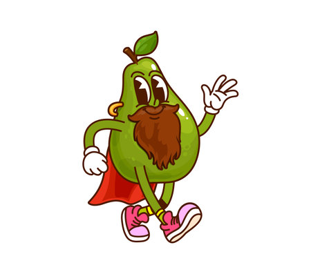 Cartoon groovy green pear pirate and corsair fruit character with beard, earring and red cape, waving cheerfully. Isolated vector funky playful fruit with friendly expression ready for sea adventuresのイラスト素材