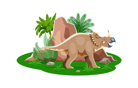 Centrosaurus prehistoric dinosaur character amidst a landscape with green foliage and rocks. Isolated cartoon vector dino with its distinctive horns and frill, standing in the ancient environmentのイラスト素材