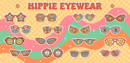 Hippie groovy eyeglasses and sunglasses with cartoon psychedelic rainbow pattern. Vector funky glasses with groovy flower, mushroom, smile and heart emojis. Hippy peace sign, sun and diamond eyewearのイラスト素材