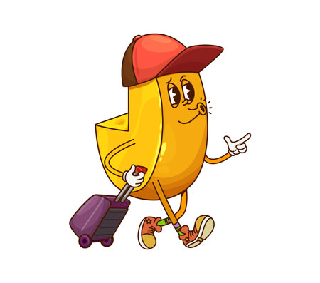 Cartoon groovy cheese character dressed as traveler, wearing cap, sneakers and pulling a suitcase, symbolizing adventure, vacation and exploration. Funny yellow dairy product personage go on vacationのイラスト素材