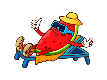 Groovy cartoon watermelon piece cute character in sunglasses lying on beach lounge chair. Ripe watermelon slice vector happy character on summer vacation. Juicy fruit slice groovy personage on beachのイラスト素材
