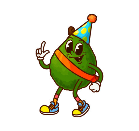Cartoon groovy Mexican avocado character with a festive birthday cake. Isolated vector cute and cheerful fruit personage sporting a big smile and hat blowing burning candle during joyful celebrationのイラスト素材