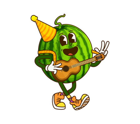 Cartoon groovy watermelon fruit character with party hat, joyfully playing guitar at festive celebration. Isolated vector playful retro personage exudes fun, happiness, and cheerful party atmosphereのイラスト素材