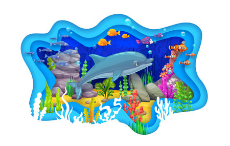 Paper cut banner with funny dolphin and underwater sea landscape. Cartoon vector wavy frame with 3d layered papercut effect. Mesmerizing sea bottom with seaweeds and marine animals on the ocean depthのイラスト素材