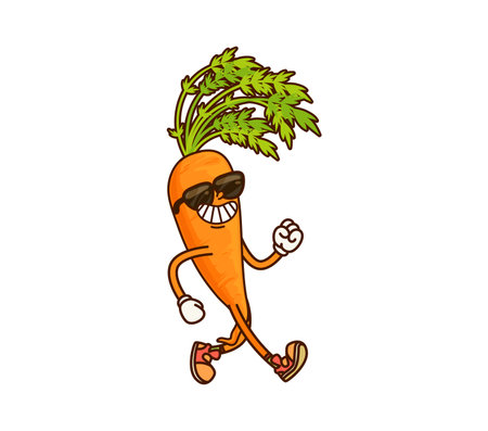 Cartoon groovy carrot vegetable character wearing sunglasses and a big grin, walking with enthusiasm on summer vacation. Vector cheerful veggie retro personage exudes fun and relaxation with y2k twistのイラスト素材