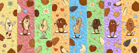 Collage of cartoon groovy nut characters featuring almond, peanut, pistachio and coffee bean, pecan, brazil nut and peanut with macadamia and pumpkin seed each with playful expressions and retro vibeのイラスト素材
