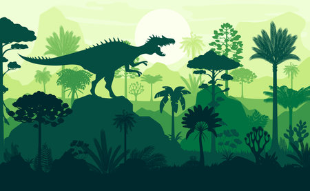 Dinosaur silhouette at tropical jungles. Vector prehistoric sunset scene of roaring predatory reptile shadow at ancient, Jurassic era landscape. Majestic creature in evening jungle green rainforestのイラスト素材