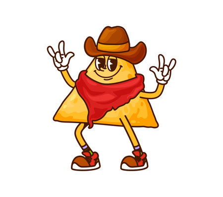 American cowboy Mexican corn nacho chip cartoon cheerful character. Western outlaw fastfood nacho chip funny mascot, Wild West Mexican snack groovy vector character wearing cowboy hat and bandanaのイラスト素材