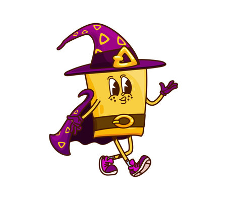 Happy Halloween wizard pasta groovy funny character. Fairytale sorcerer Italian pasta funny mascot, fantasy mage quadretti groovy isolated vector character. Halloween wizard food cartoon personageのイラスト素材