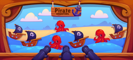 Pirate sea battle carnival shoot game, shooting range in amusement park vector background frame. Cartoon pirate ships and octopus monsters on water waves carnival shoot game booth or shooting galleryのイラスト素材