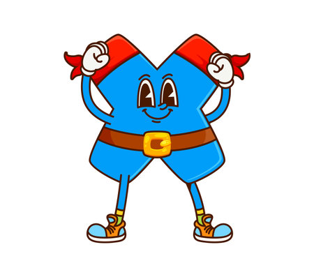 Groovy cartoon math multiplication sign pirate or corsair, vector character. Funny groovy math multiplication sign or mathematical equation symbol as pirate sailor cartoon character with funky faceのイラスト素材