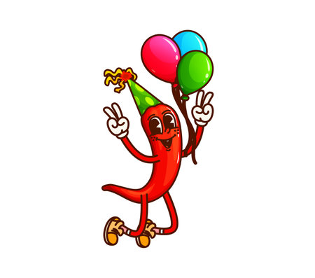 Groovy chilli pepper vegetable character on holiday party. Fresh veggie isolated groovy vector cheerful character. Chili pepper vegetable funny personage jumping with balloons on kids holiday partyのイラスト素材