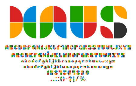 Art deco font, geometric typeface, 80s 90s type, decorative English alphabet featuring colorful, abstract shapes in each letter number and punctuation sign. Vector bold and playful abc charactersのイラスト素材