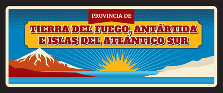 Tierra del Fuego, Antartida e Islas del Atlantico Sur province vintage travel plate. Argentine region vintage tin sign. Provinces vector plate, banner with region flag, nature landmarkのイラスト素材