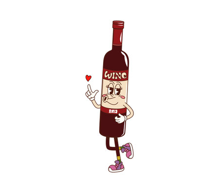 Cartoon groovy red wine bottle character. Isolated vector funky flask personage with vintage vibe, dreamy eyes, and a heart, happily posing, radiating retro vibes and hippie y2k charm ready for partyのイラスト素材