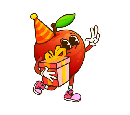 Cartoon groovy apple fruit character on celebration party wearing a bright party hat while holding a neatly wrapped gift box. Isolated vector cheerful retro personage exudes funky and festive y2k vibeのイラスト素材