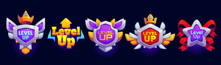 Level up game achievement rank and rate icons featuring metal shields, crowns and stars with ribbons and wings. Cartoon vector awards representing gaming progress, ranking systems for user experienceのイラスト素材