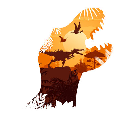 Prehistoric dinosaur head silhouette with jurassic dino animals and jungle landscape at sunset vector double exposure. Tyrannosaurus rex dinosaur roaring with baryonyx and quetzalcoatlus silhouettesのイラスト素材