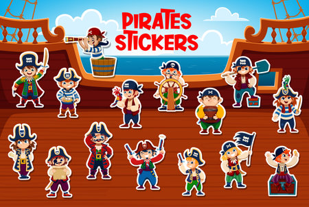 Kid pirate and corsair characters stickers pack, vector piracy. Cartoon funny boy and girl personages of kid pirate captain, sailor and corsair, skipper and boatswain at filibusters ship deckのイラスト素材